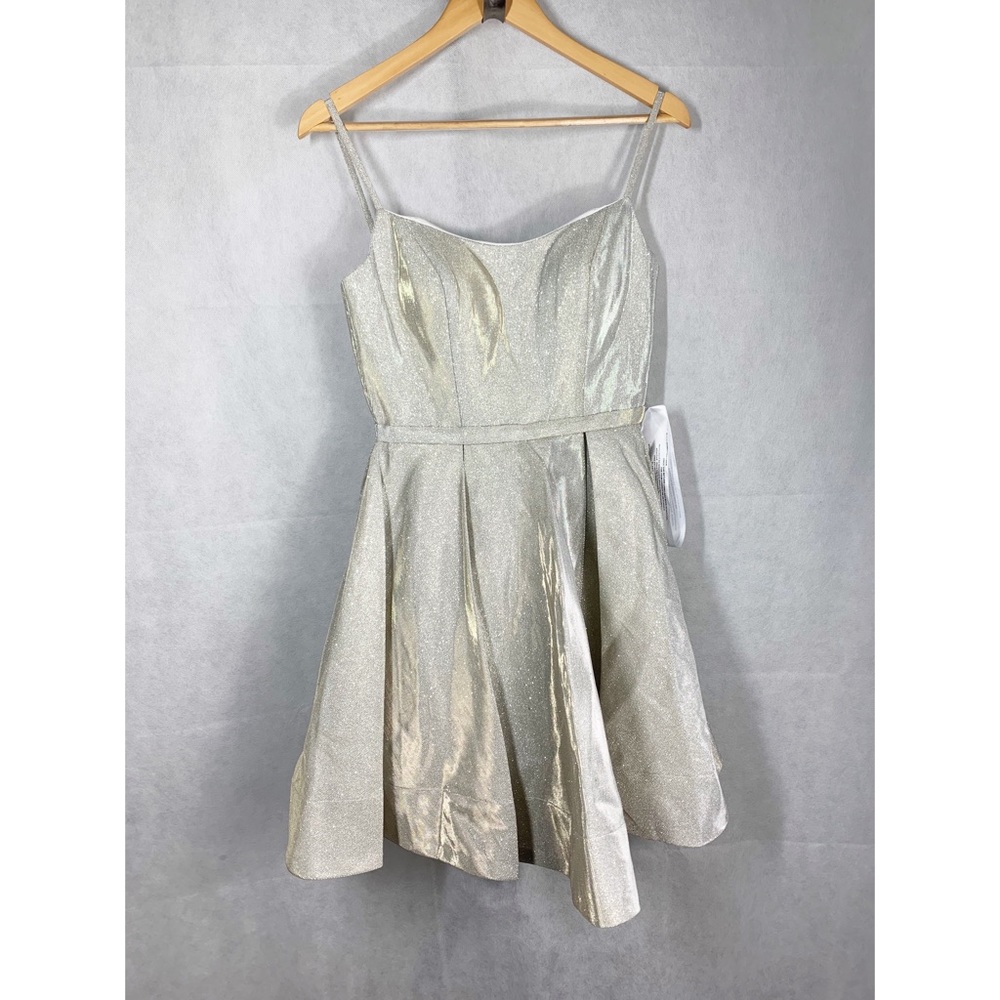 IEENA for Mac Duggal fit and flare silver sparkle metallic mini dress - Picture 4 of 10